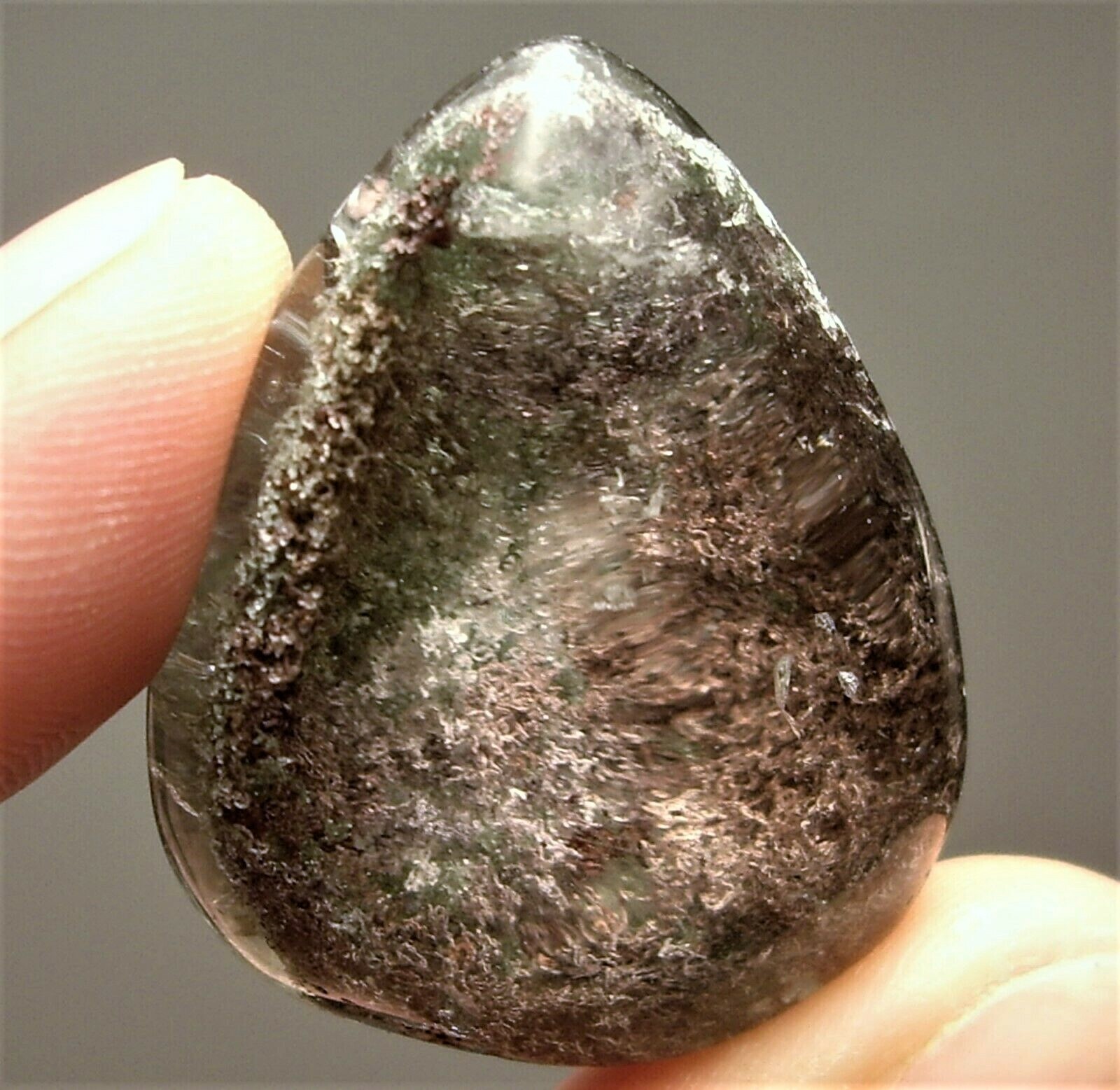 Scenic Quartz Crystal Polished Teardrop with Unknown Squiggly Inclusions 19.6g