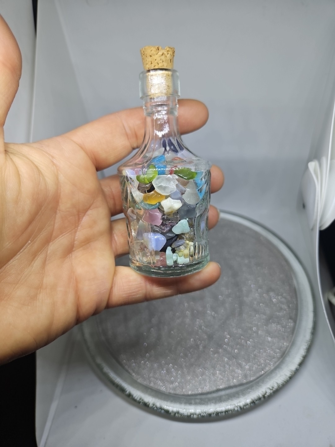 Vintage Glass Bottle Filled W/Cat’s Eye Crystal Chips& BigPurple Flourite Tumble