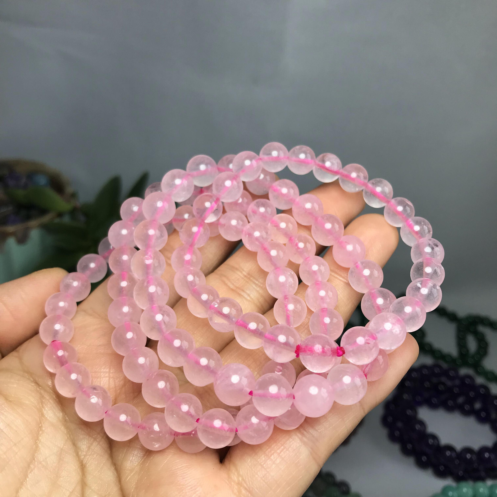 8mm-9mm Top Natural pink crystal gemstone Crystal chain beads bracelet 19g A5268