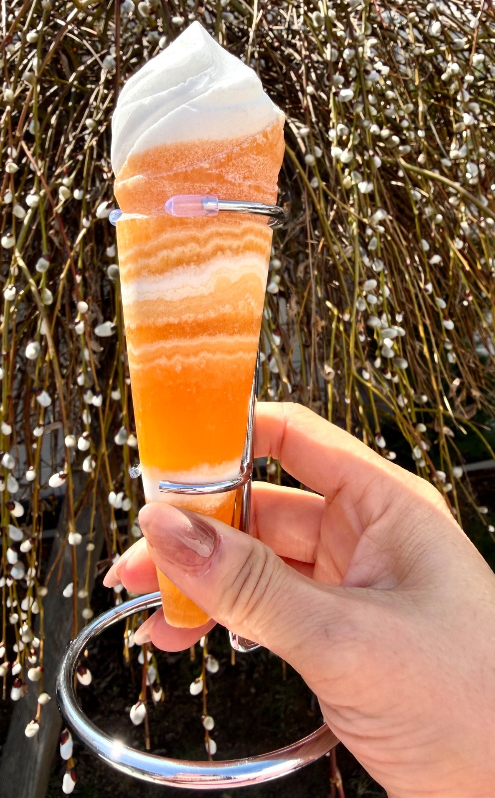 Wholesale 3-4 Pcs Natural Orange Calcite Ice Cream Cone With Rhodium Metal stand
