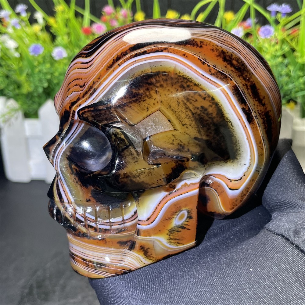 1.7LB 3.7″ A++Flower Sardonyx Agate Skull Crystal Quartz Mineral Decor Carved