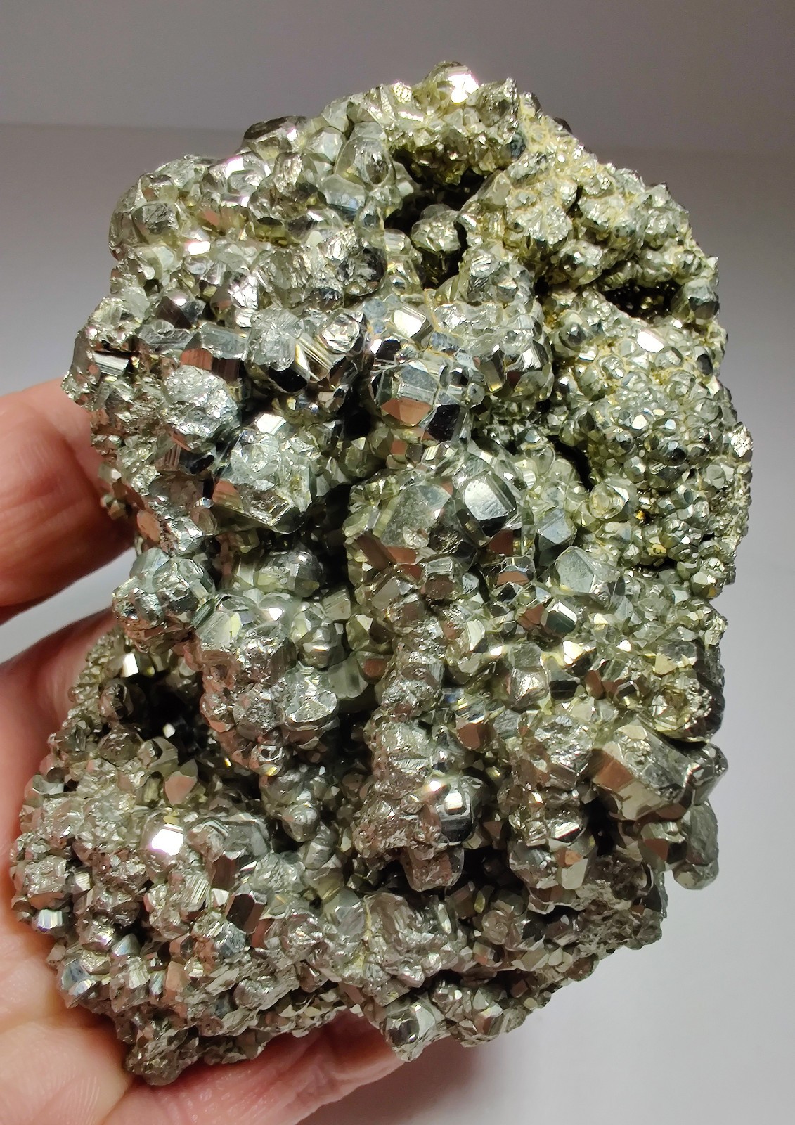 Pyrite crystals, nice display piece. Huanzala Mine, Peru. 585 grams.