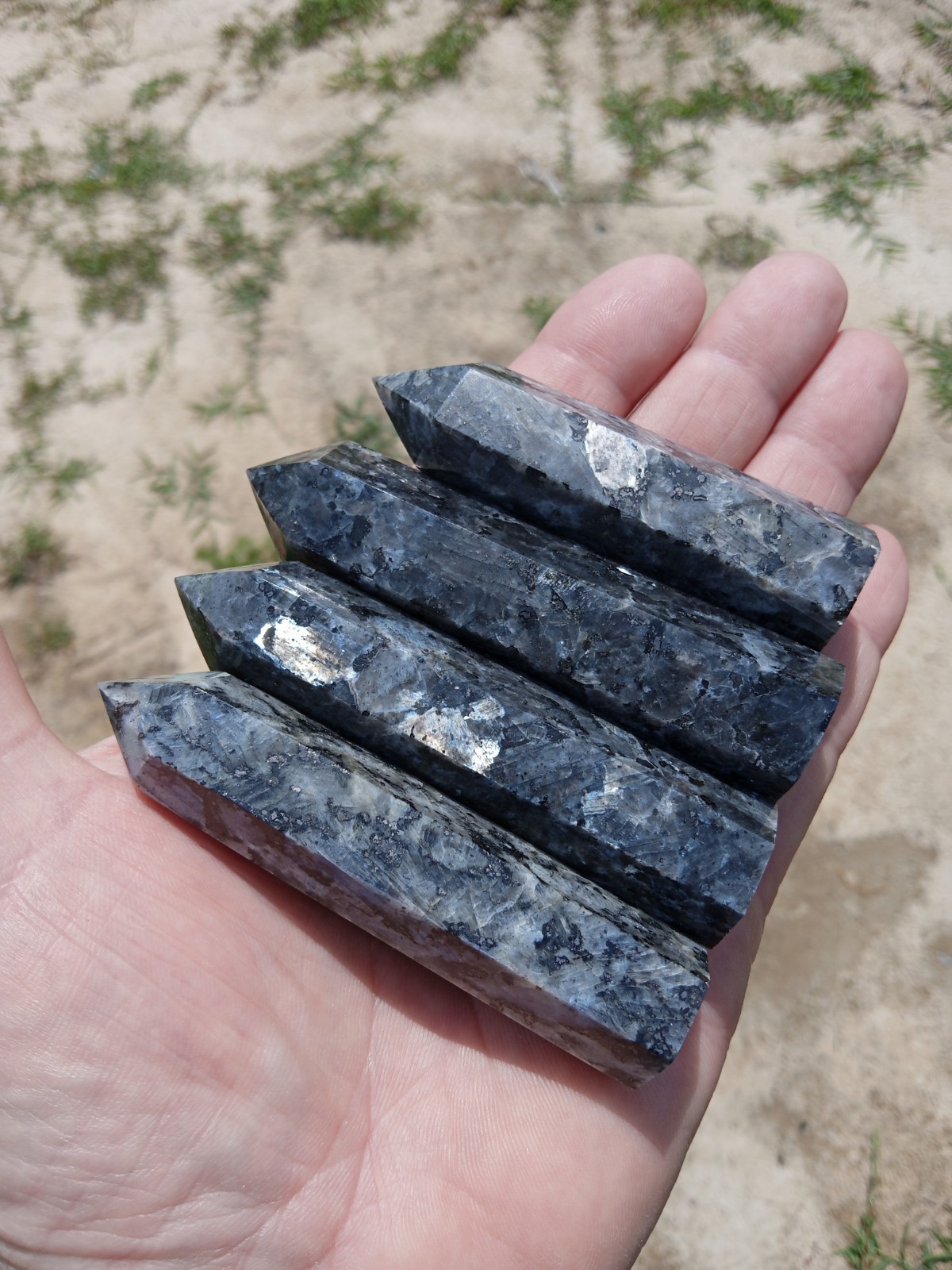 Lot of 4 Flashing Larvikite Polished Gemstone Obelisk Wand Crystal Points! T3