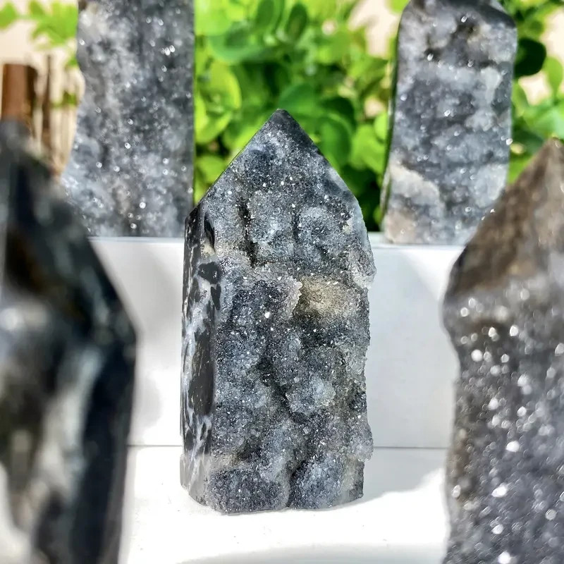 Natural Black Sphalerite Geode Reiki Healing Crystal Tower Point Obelisk Decor