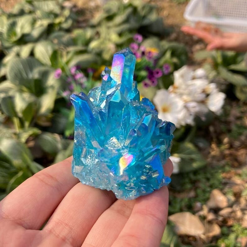 80-100g Titanium Aura Blue Crystal Rainbow Healing Cluster Geode Rock Decor Gift