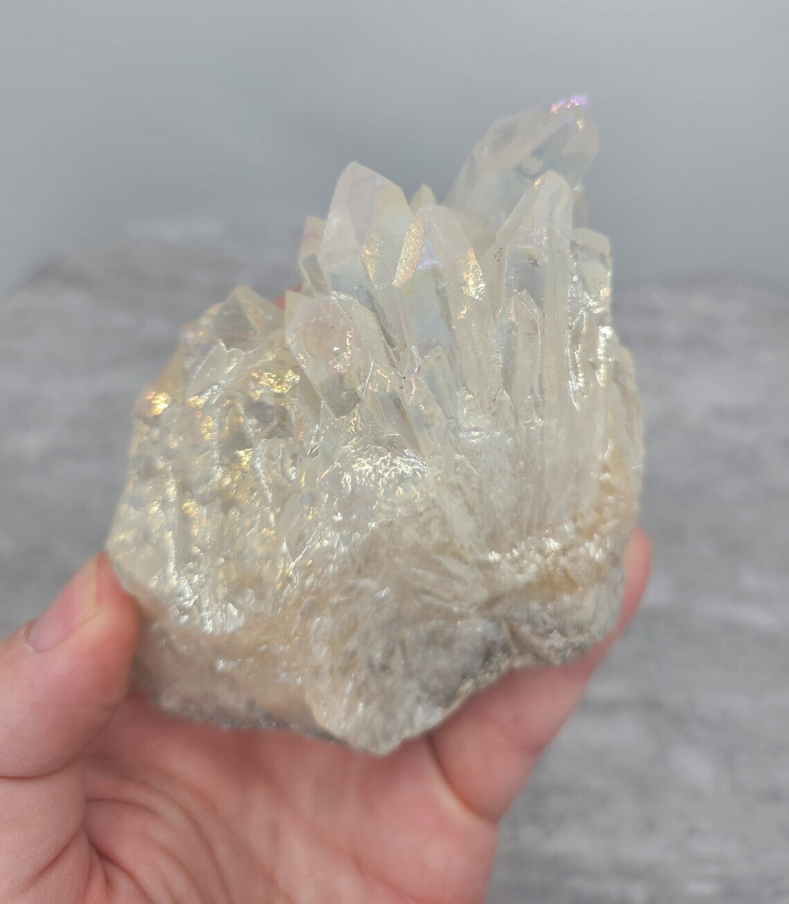 Chunk of Clear Quartz Crystal Cluster with Rainbow Angel Aura Titanium Coating