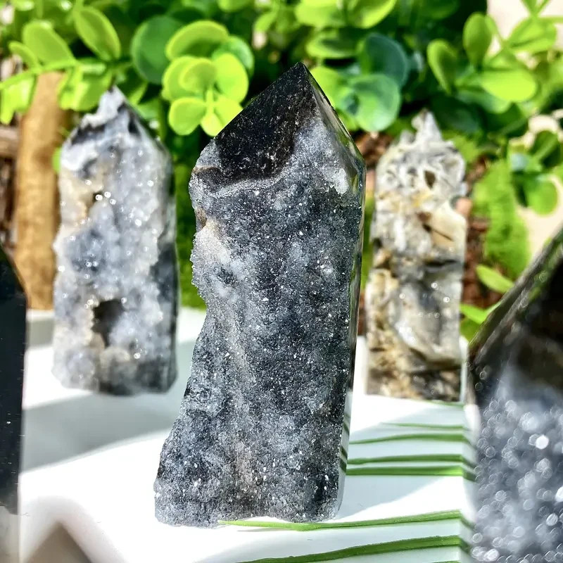 Natural Black Sphalerite Geode Reiki Healing Crystal Tower Point Obelisk Decor