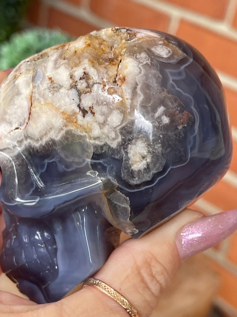 Natural Black Flower Agate W/Pink Amethyst Large Crystal Skull Gothic Home Decor
