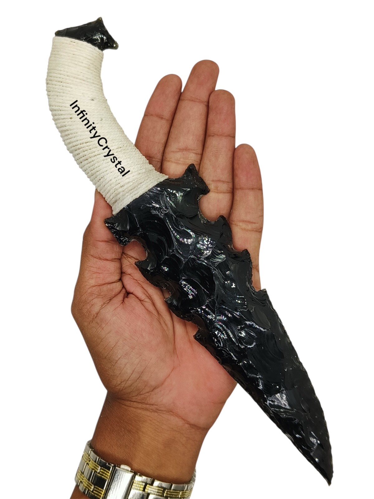 10”Large Black Obsidian Dagger,Handcrafted Knife with White Thread,Viking Athame