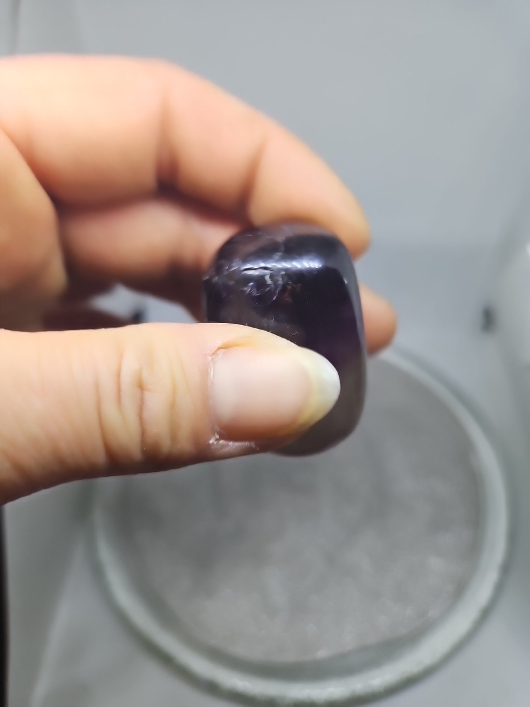 Vintage Glass Bottle Filled W/Cat’s Eye Crystal Chips& BigPurple Flourite Tumble