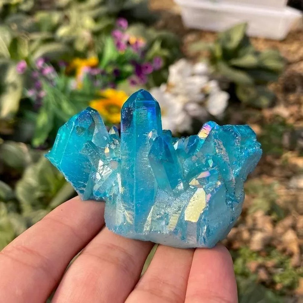 80-100g Titanium Aura Blue Crystal Stone Rainbow Healing Cluster Rock Decor Gift