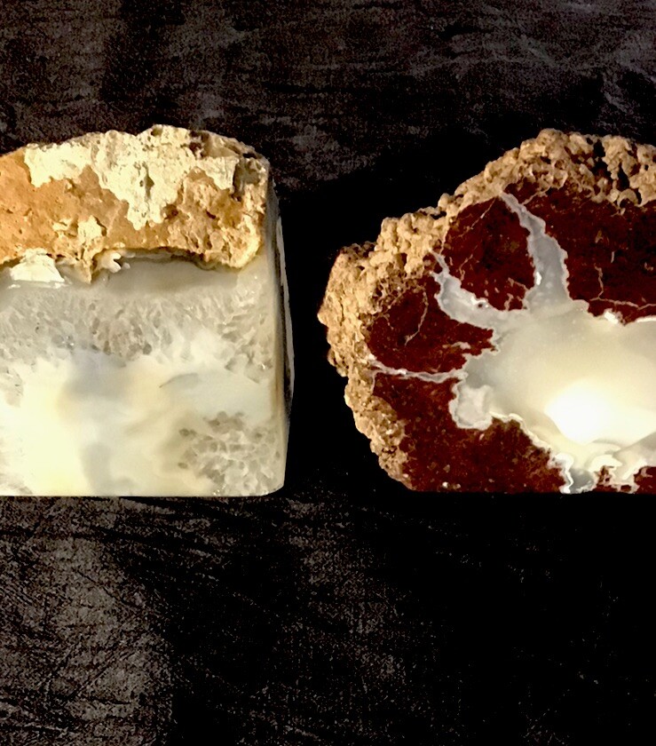 Geode Stones 4 3/4in ht 6in w Brown white, 4 1/4in ht 5in w Bluish/white.