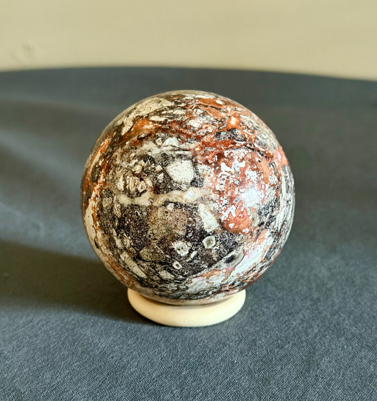 Money Agate Sphere – 68 mm – 14 ounces – Beautiful Color Pattern – Free Stand
