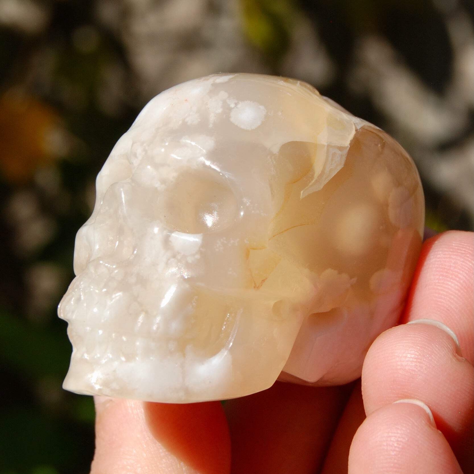 2in Sakura Flower Agate Carved Crystal Skull, Realistic Gemstone Carving
