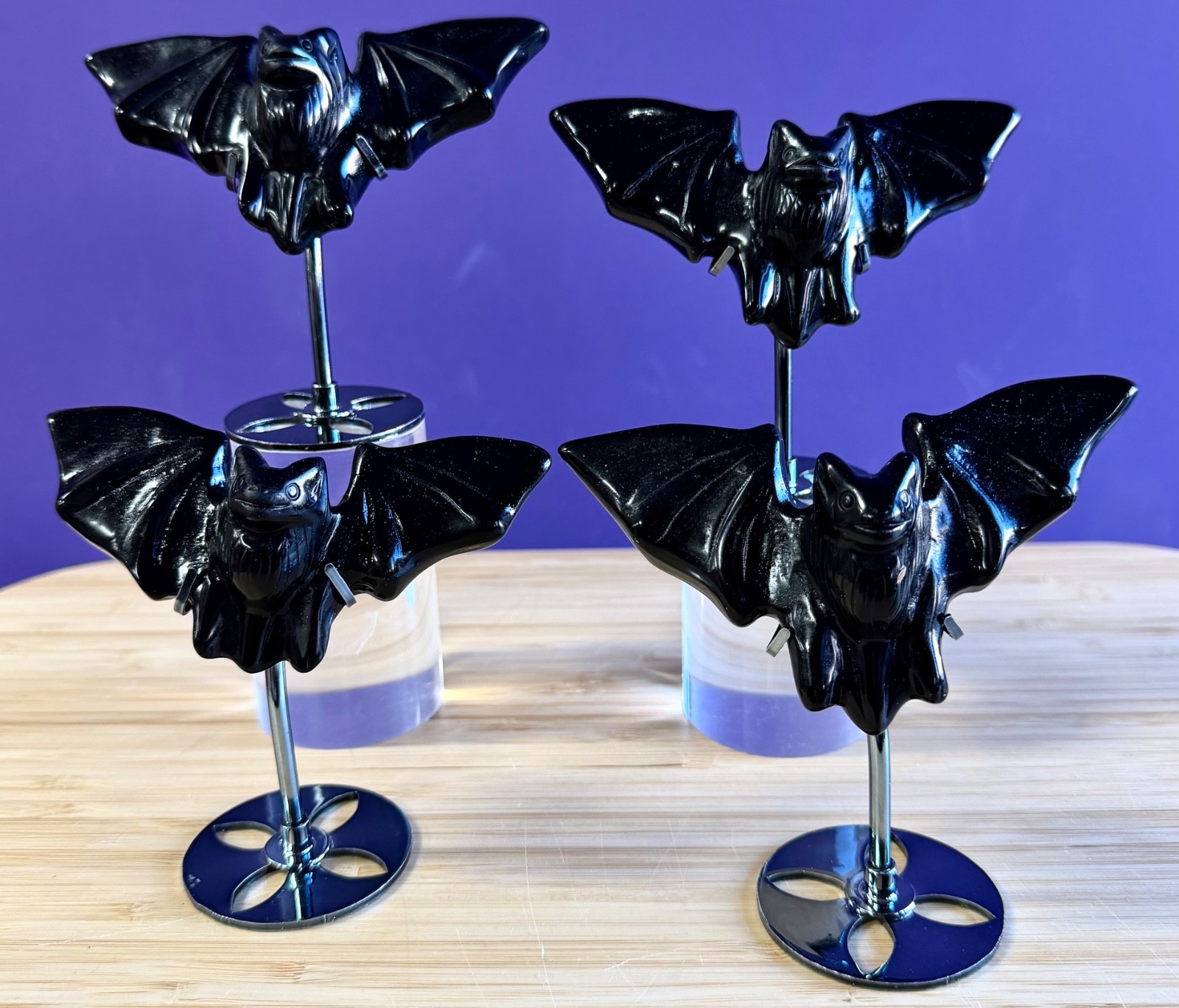 Wholesale Lot 4 Pcs Black Obsidian Bats With Stand Natural Crystal Healing