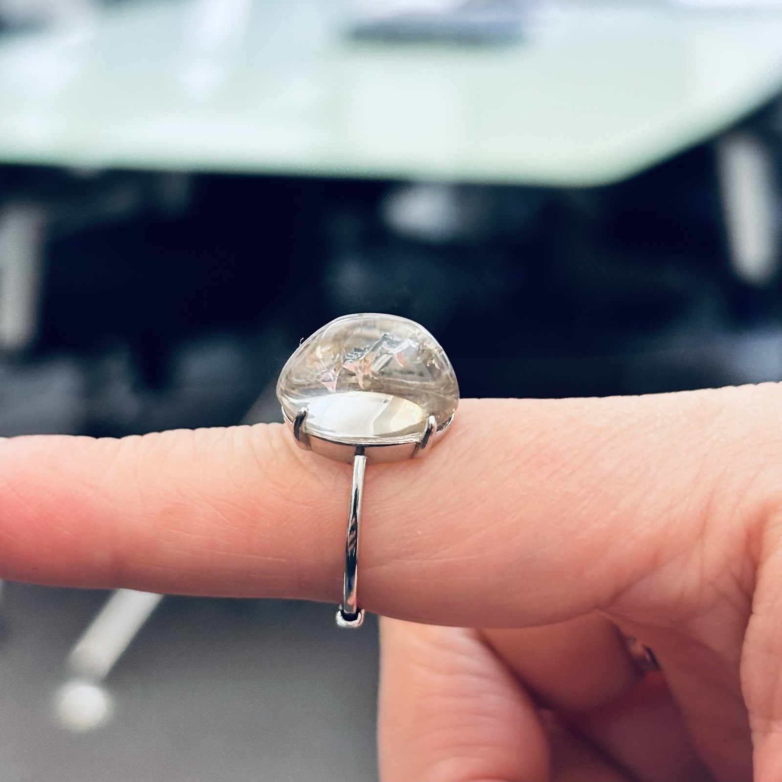 Light Smoky Oil Bubble Enhyrdo 925 Silver Adjustable RIng 13mm Widex15mm long