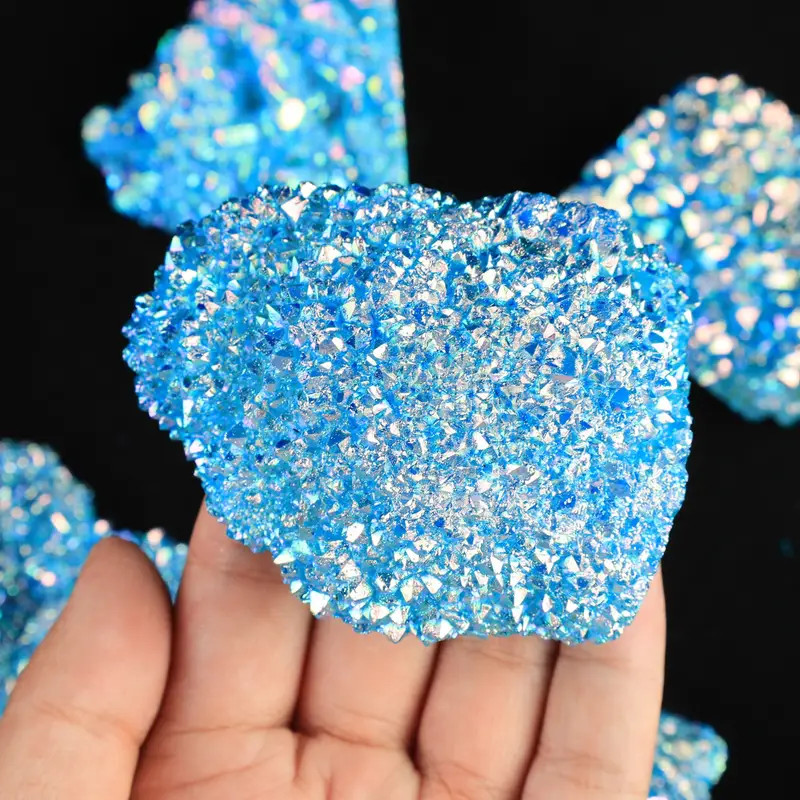 100-120g Titanium Aura Blue Crystal Quartz Healing Cluster Geode Rock Decor Gift