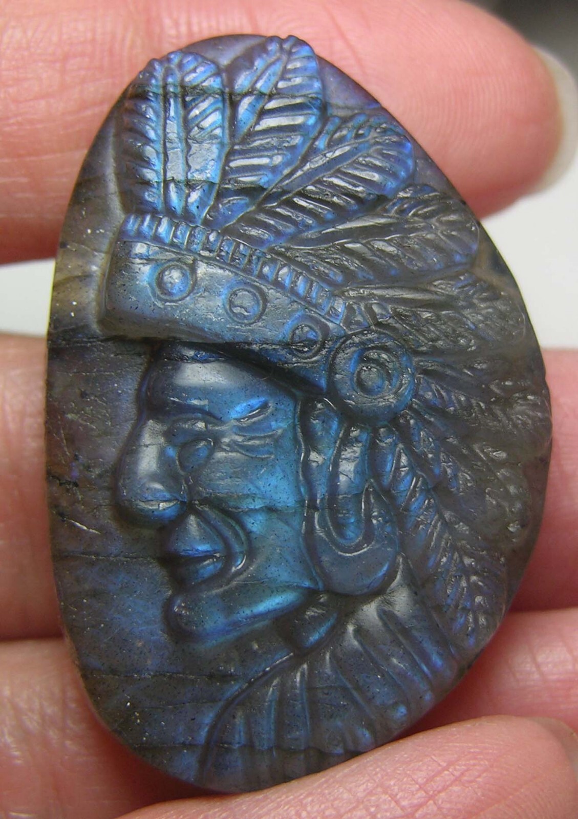 #37 Madagascar 82.60ct Natural Labradorite Indian Head Carving 16.50g 41.00mm