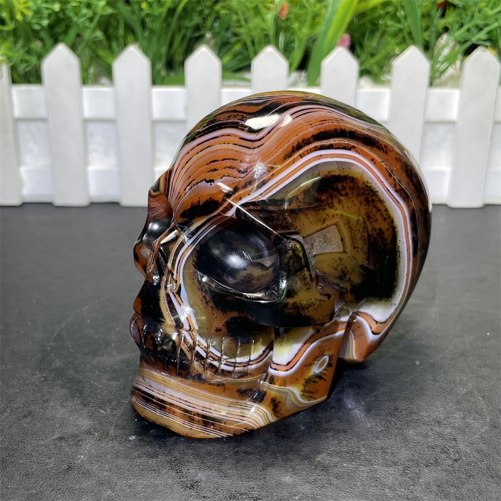 1.7LB 3.7″ A++Flower Sardonyx Agate Skull Crystal Quartz Mineral Decor Carved
