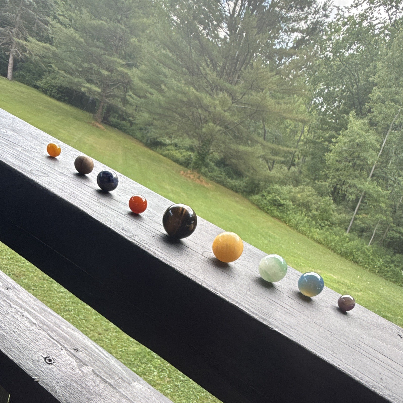 Handmade 9pc Polished Stone Marbles Set w/ Wooden Display Storage Box