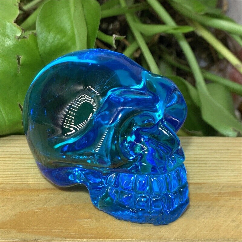 2″ blue aura smelting quartz skull crystal hand Carved healing 1pc