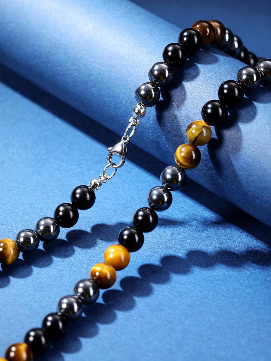 Mens Healing Crystal Black Obsidian Tigers Eye Hematite Beaded Necklace Natural