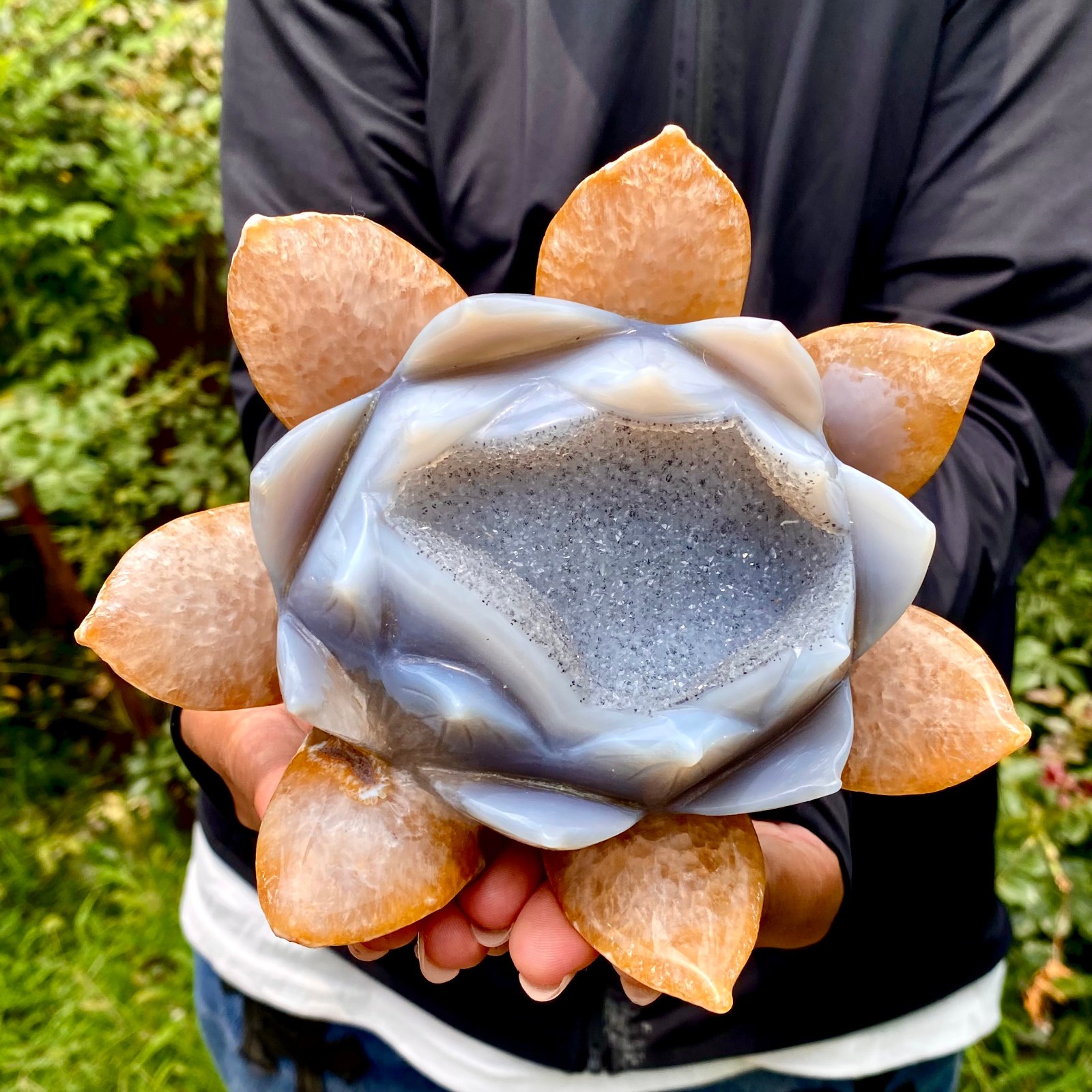2.2LB Natural Banded Agate Hand-Carved Lotus Pendant Healing Crystal Ornament