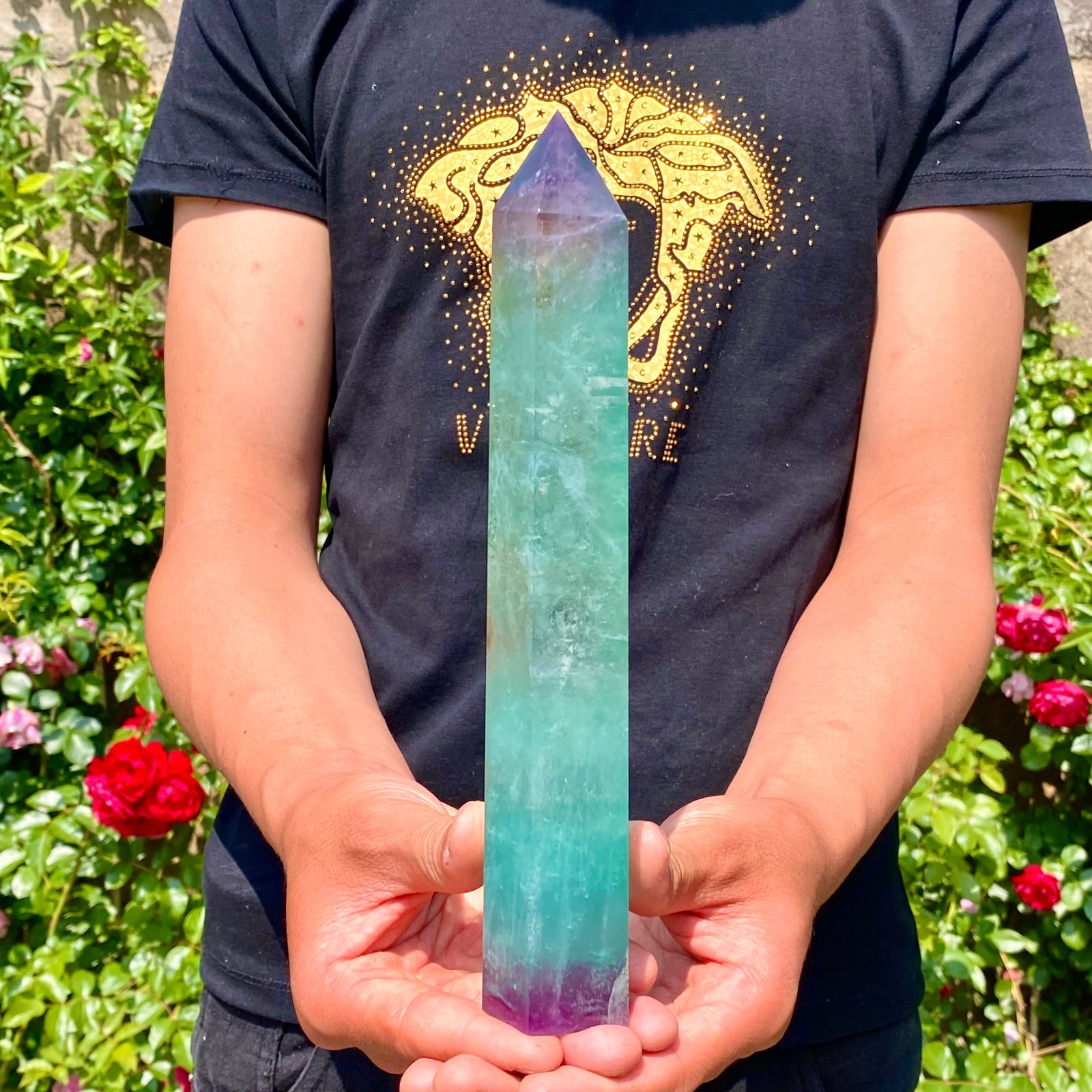 1.8LB Natural rainbow fluorite obelisk quartz crystal wand point Gem Healing