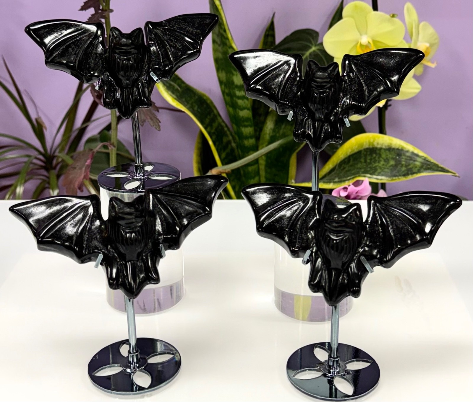 Wholesale Lot 4 Pcs Black Obsidian Bats With Stand Natural Crystal Healing