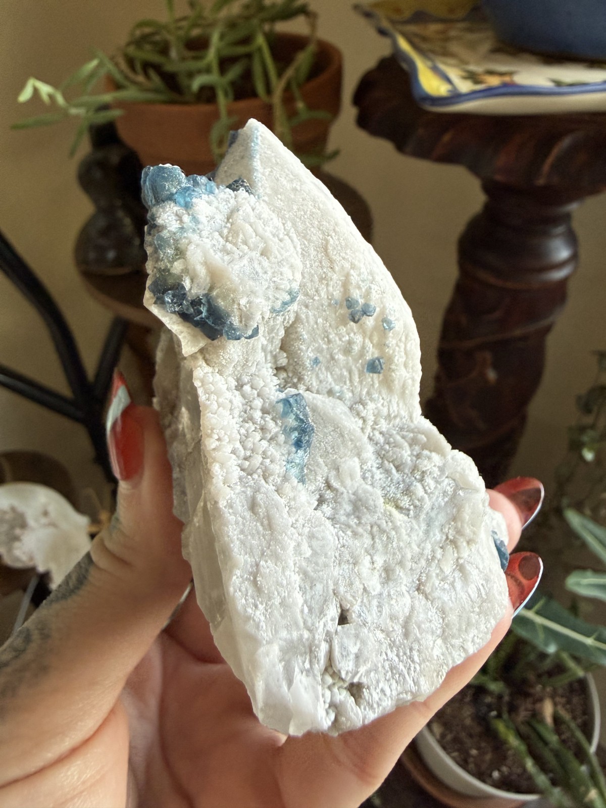 Irradiated Blue Fluorite Crystal in White Candle Quartz – 10.58 oz