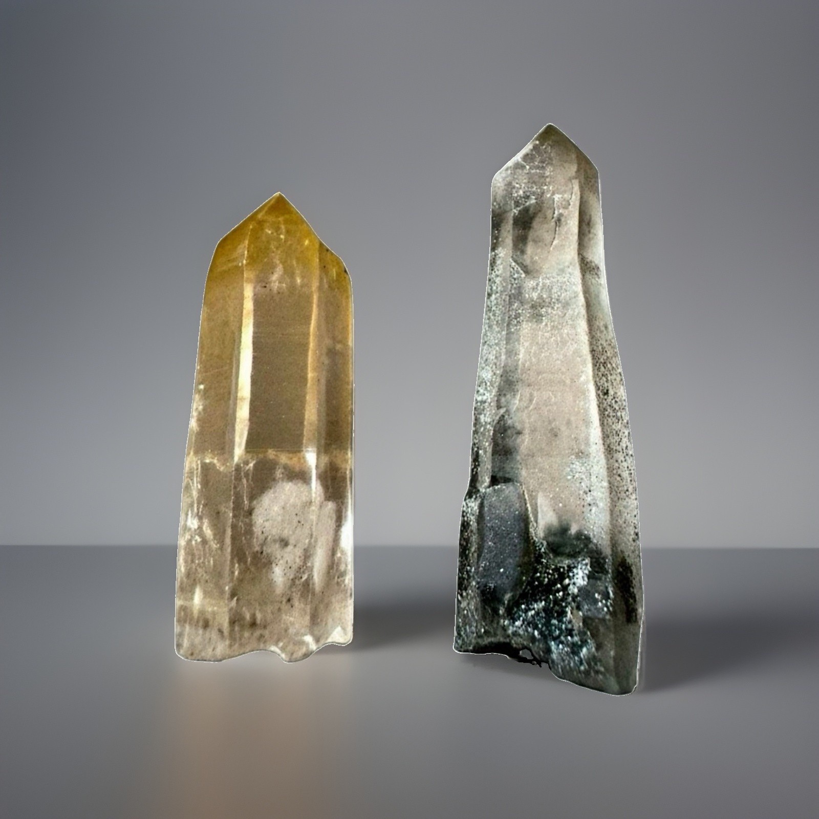 “Sunlit Forest Pair”Hashupi Himalayan Quartz Phantom & Mango Landscape Crystals