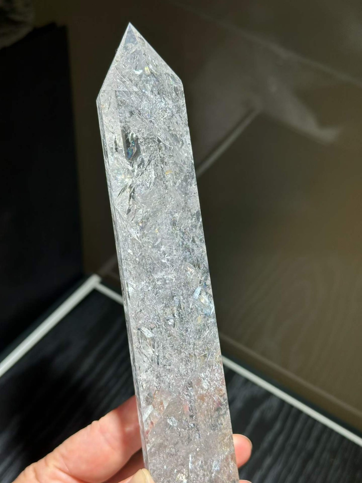 1.92LB Natural Rainbow White Quartz Obelisk Crystal Mineral Tower Reiki Decor