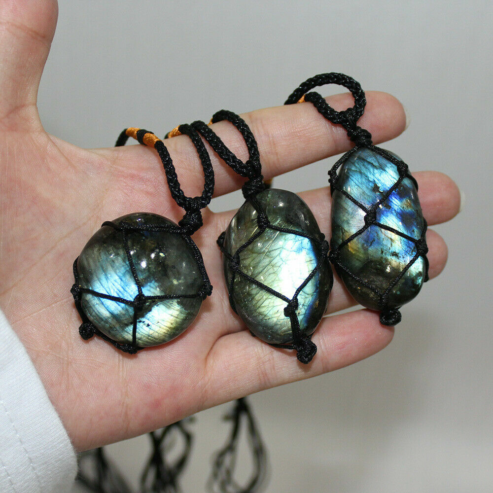 Wrap Women Mens Natural Stone Necklace Labradorite Pendant Crystal Moonstone US