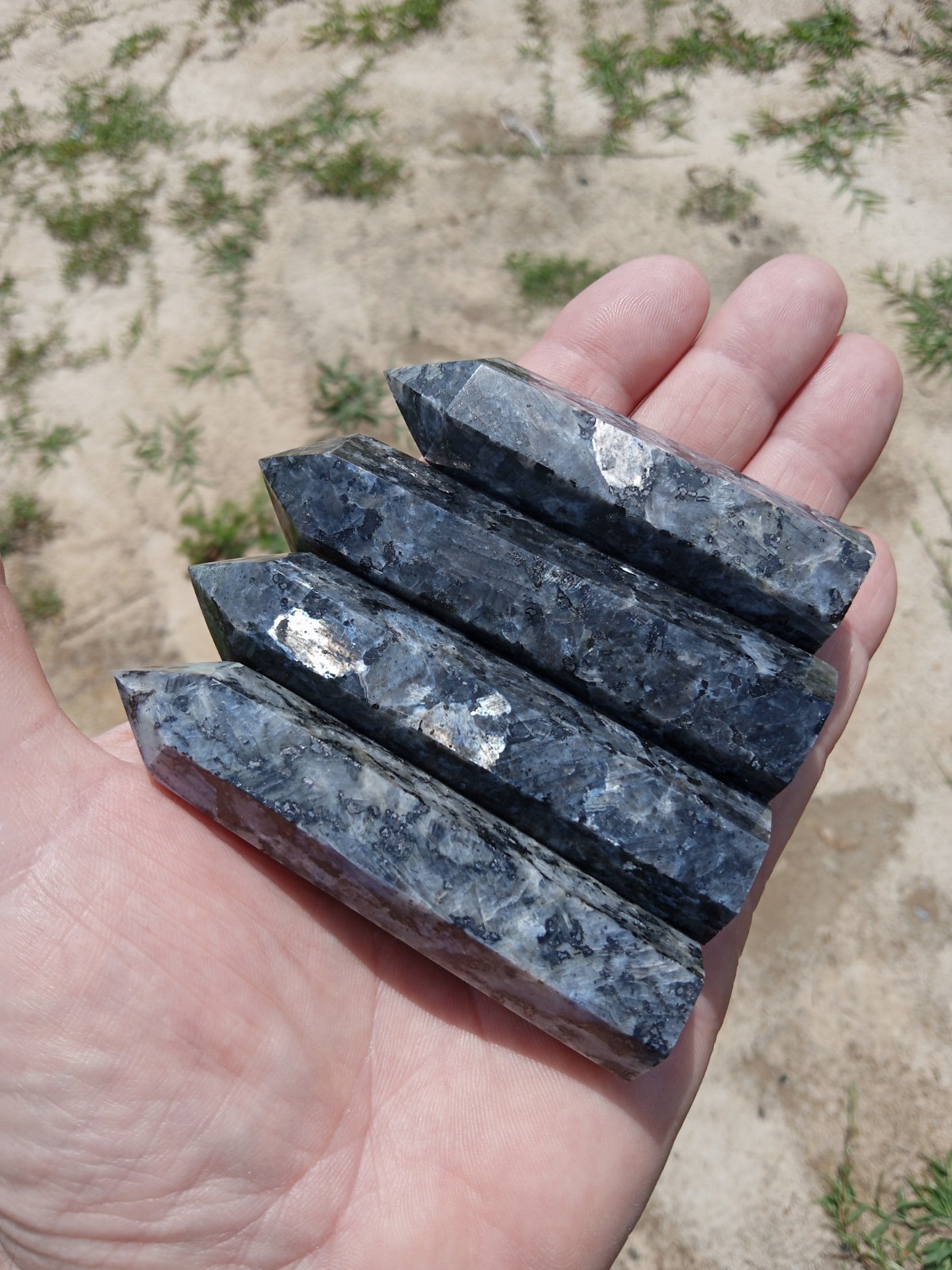 Lot of 4 Flashing Larvikite Polished Gemstone Obelisk Wand Crystal Points! T3