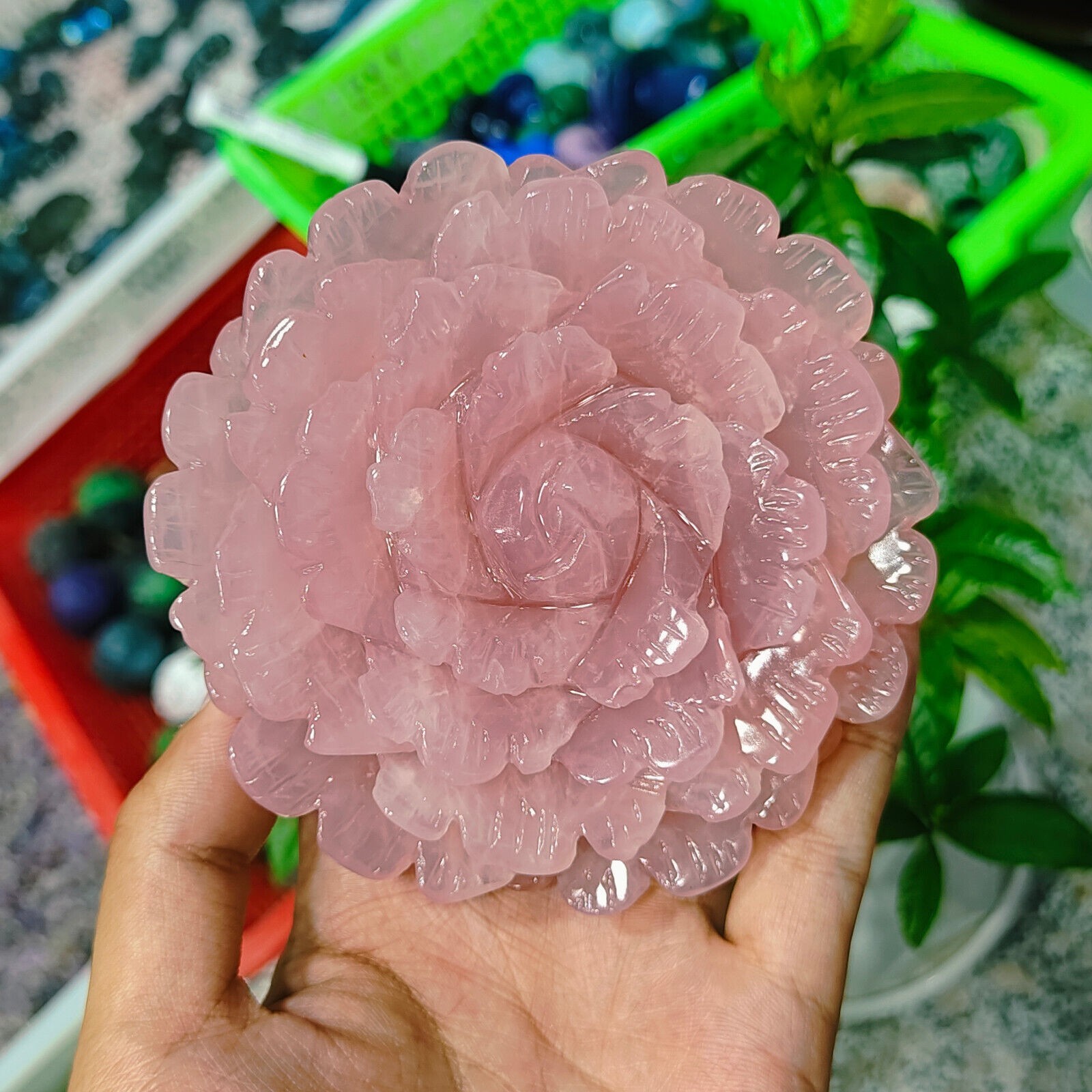 1pc Natural Pink Rose Quartz Carved Flower Skull Crystal Reiki Healing Decor