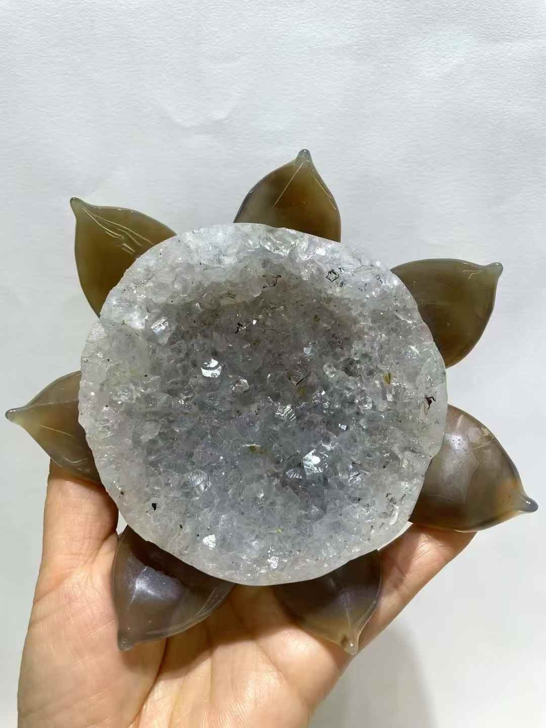 1pc Natural Agate Geode Quartz Carved Lotus Skull Crystal Reiki Healing Decor