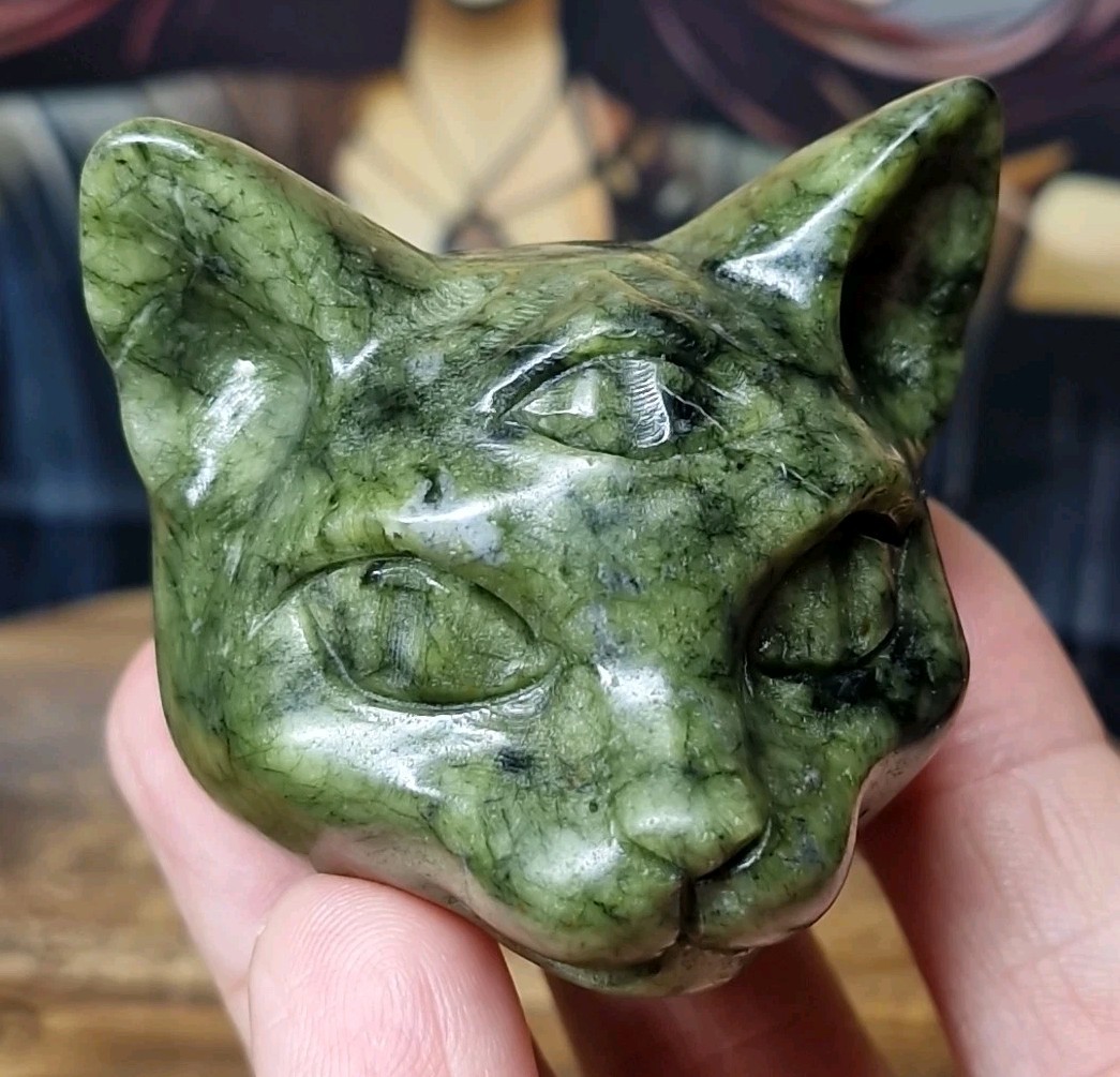 Serpentine Crystal Cat Head Carving With 3rd Eye 50mm Tall 1pc