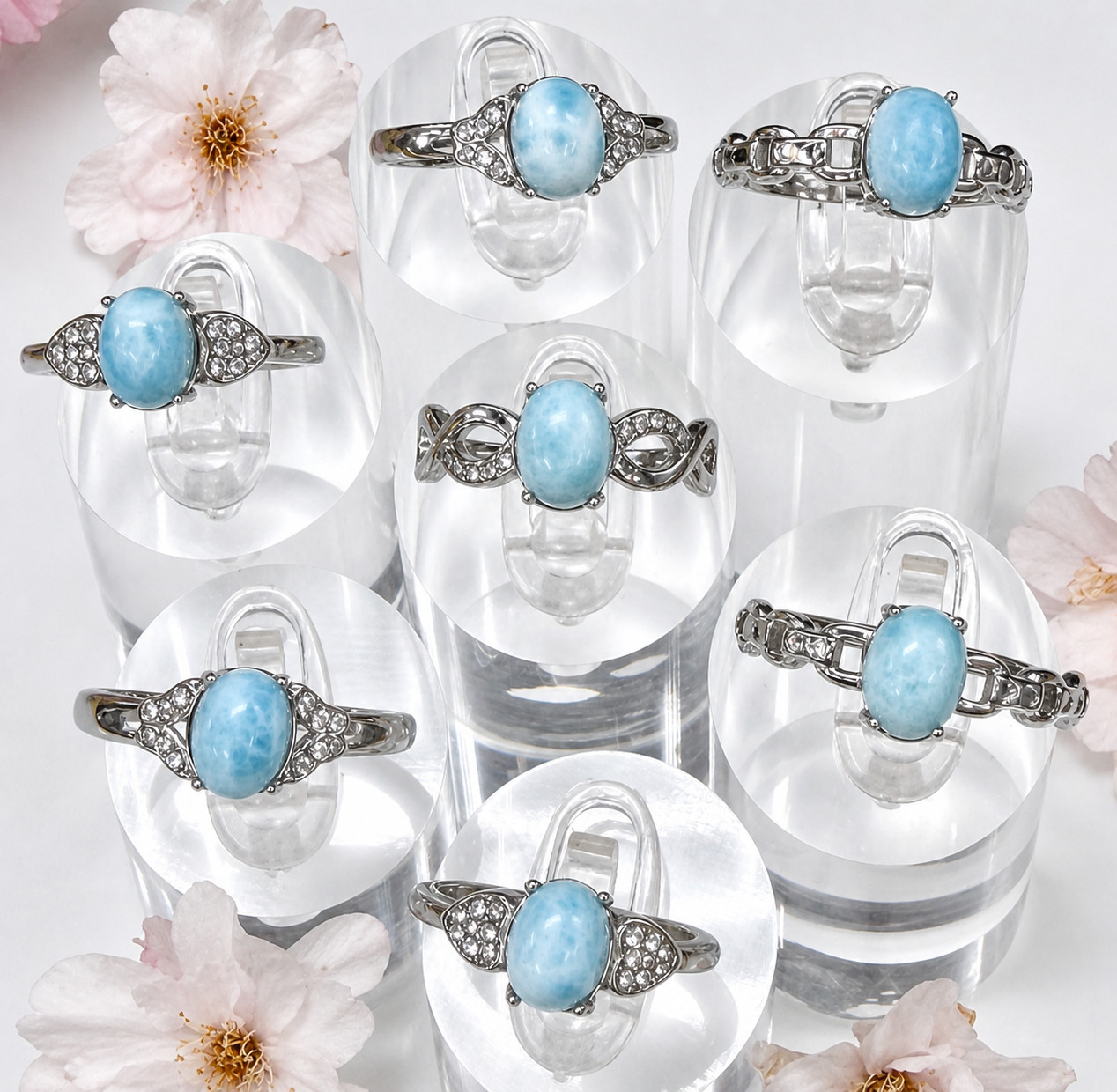 Wholesale 7 Pcs Natural Larimar Stainless Steel(316) Rings Crystal 6x8mm