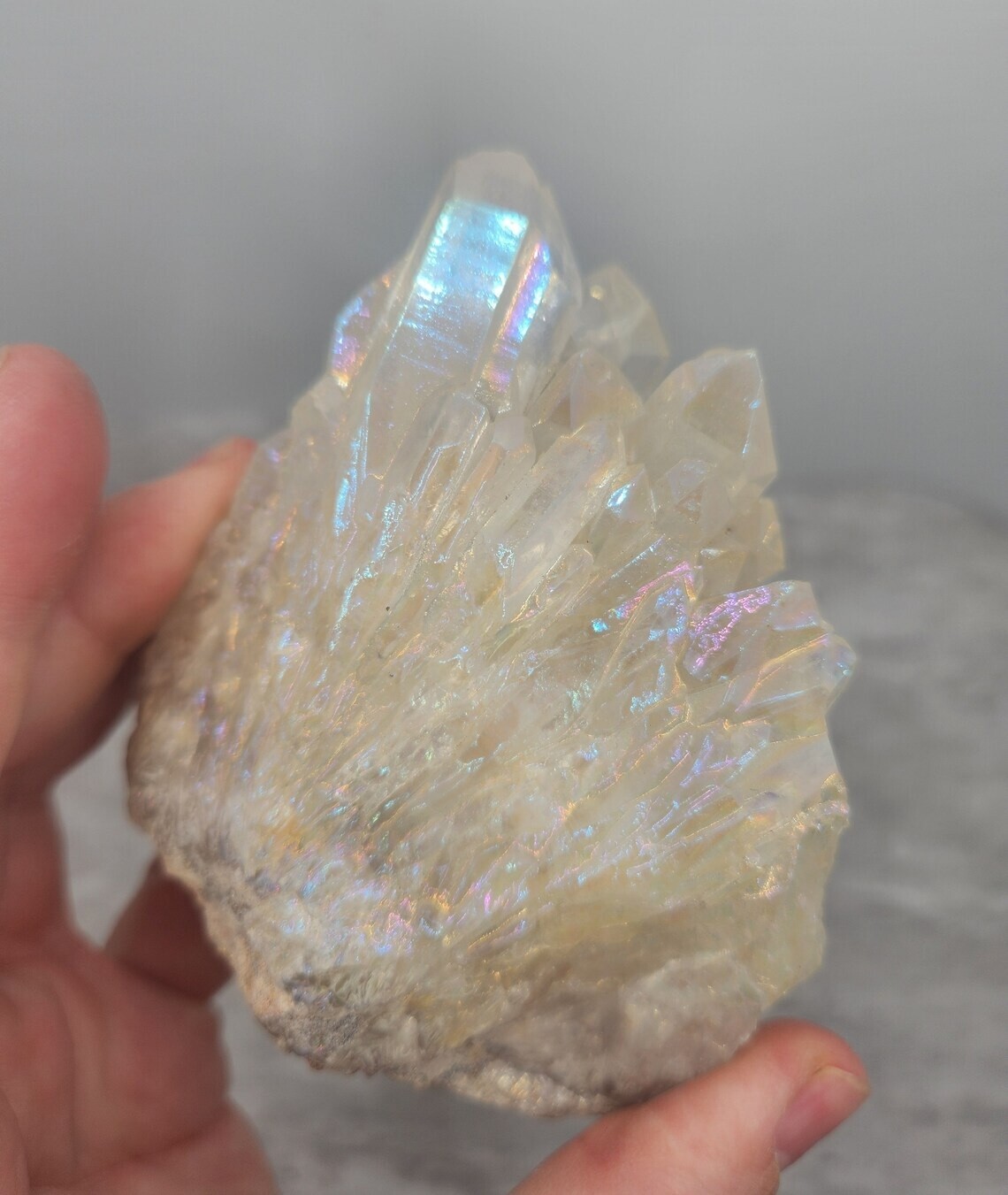 Chunk of Clear Quartz Crystal Cluster with Rainbow Angel Aura Titanium Coating