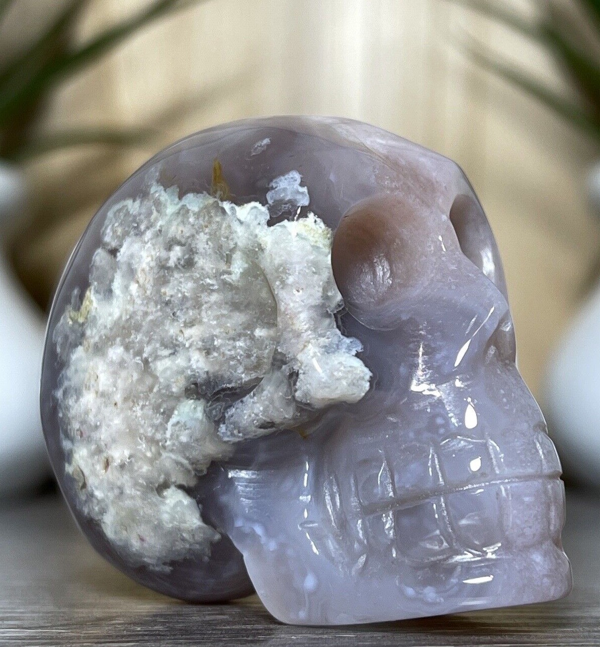 FLOWER AGATE SKULL – Mineral Carving Pink Purple Chakra Crystal Statue Decor