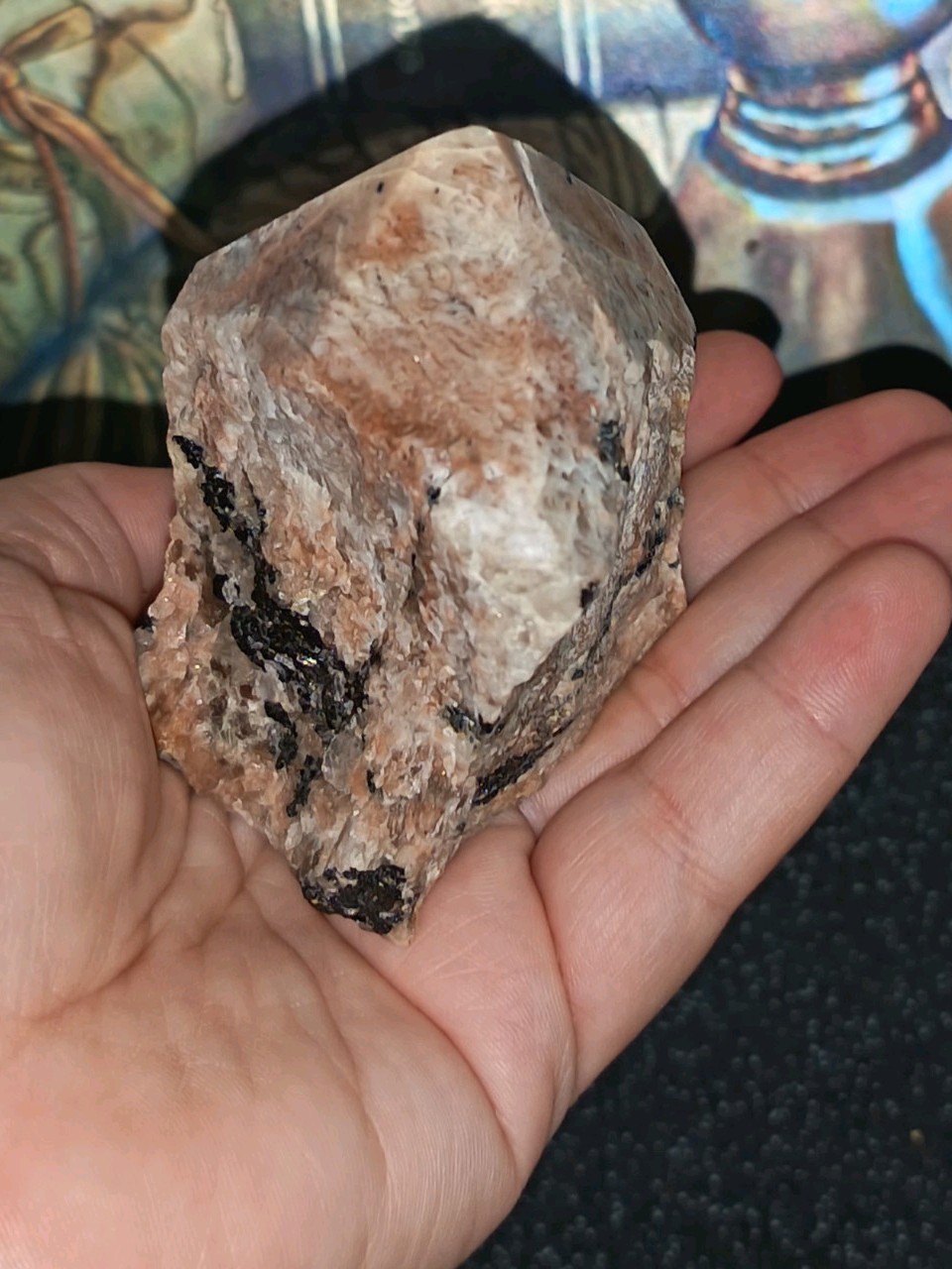 Black Tourmaline In Peach Moonstone Crystal Cut Base Polished Point 200-250g