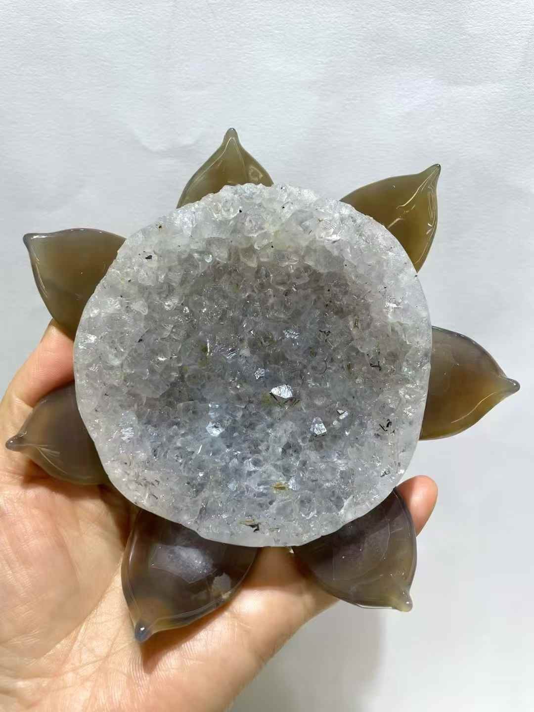 1pc Natural Agate Geode Quartz Carved Lotus Skull Crystal Reiki Healing Decor