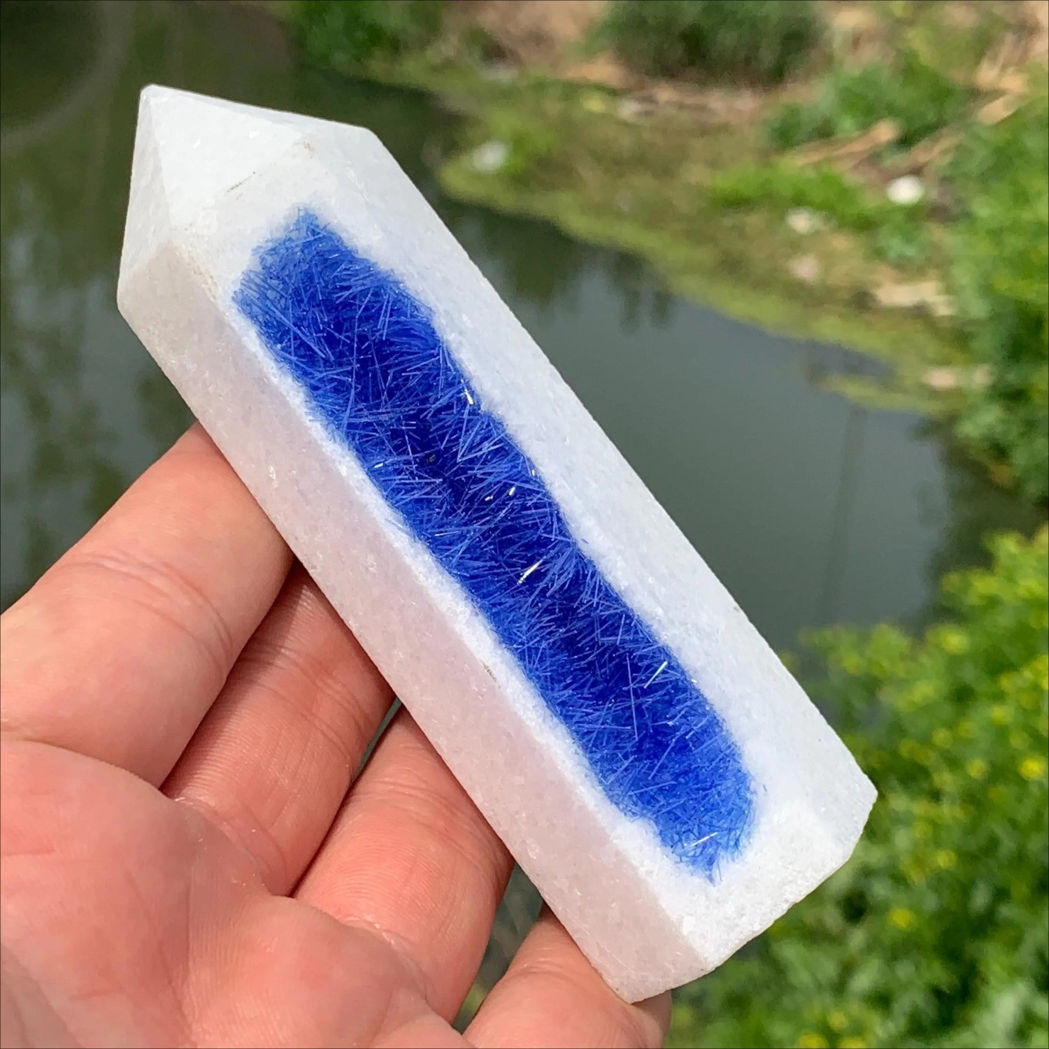 80-120G Wholesale Blue Hair Quartz Crystal Obelisk Polished Healing Home Decor