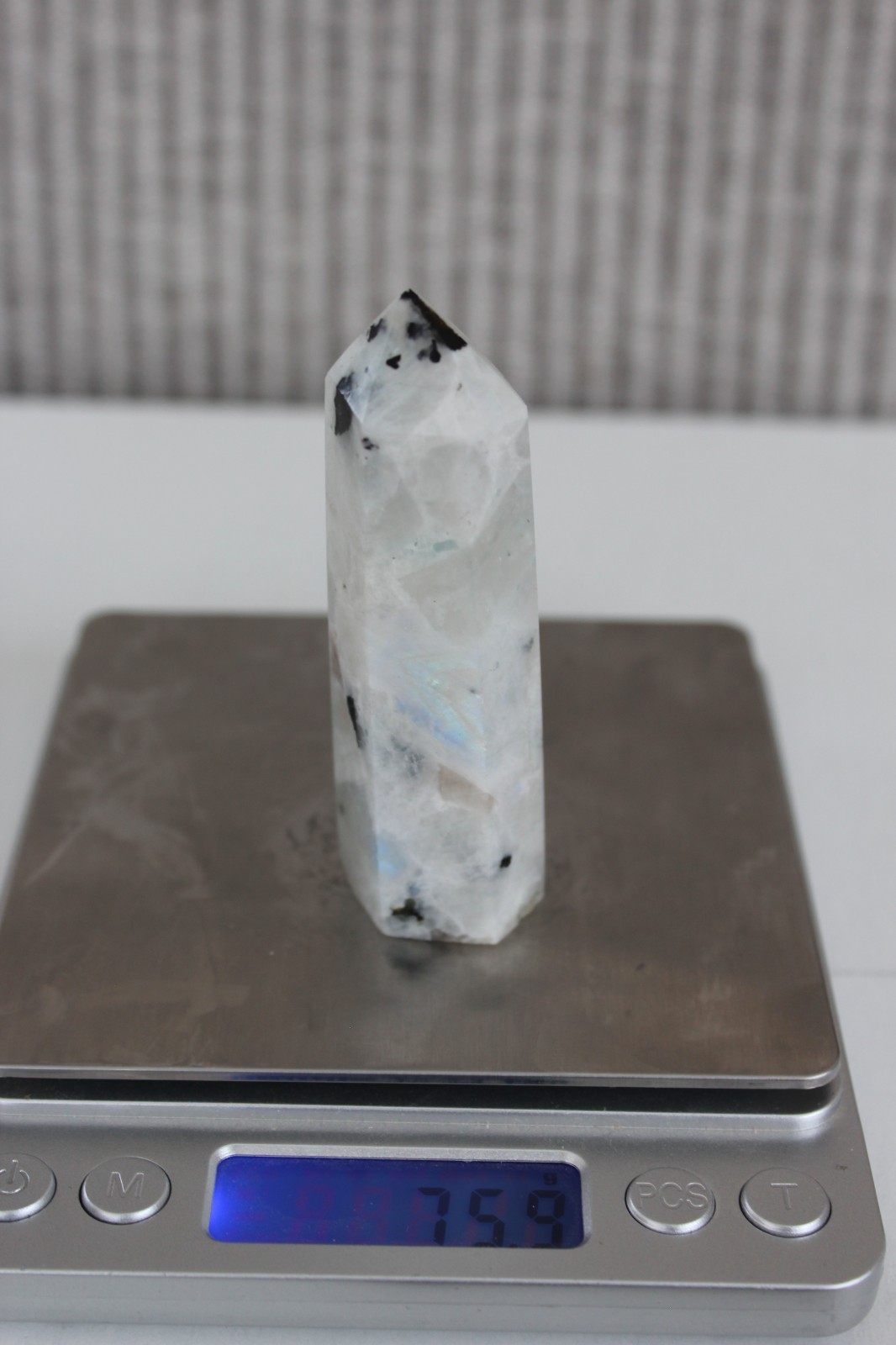 RAINBOW MOONSTONE POINT 3.10 INCHES TALL/ 75.9 GRAMS