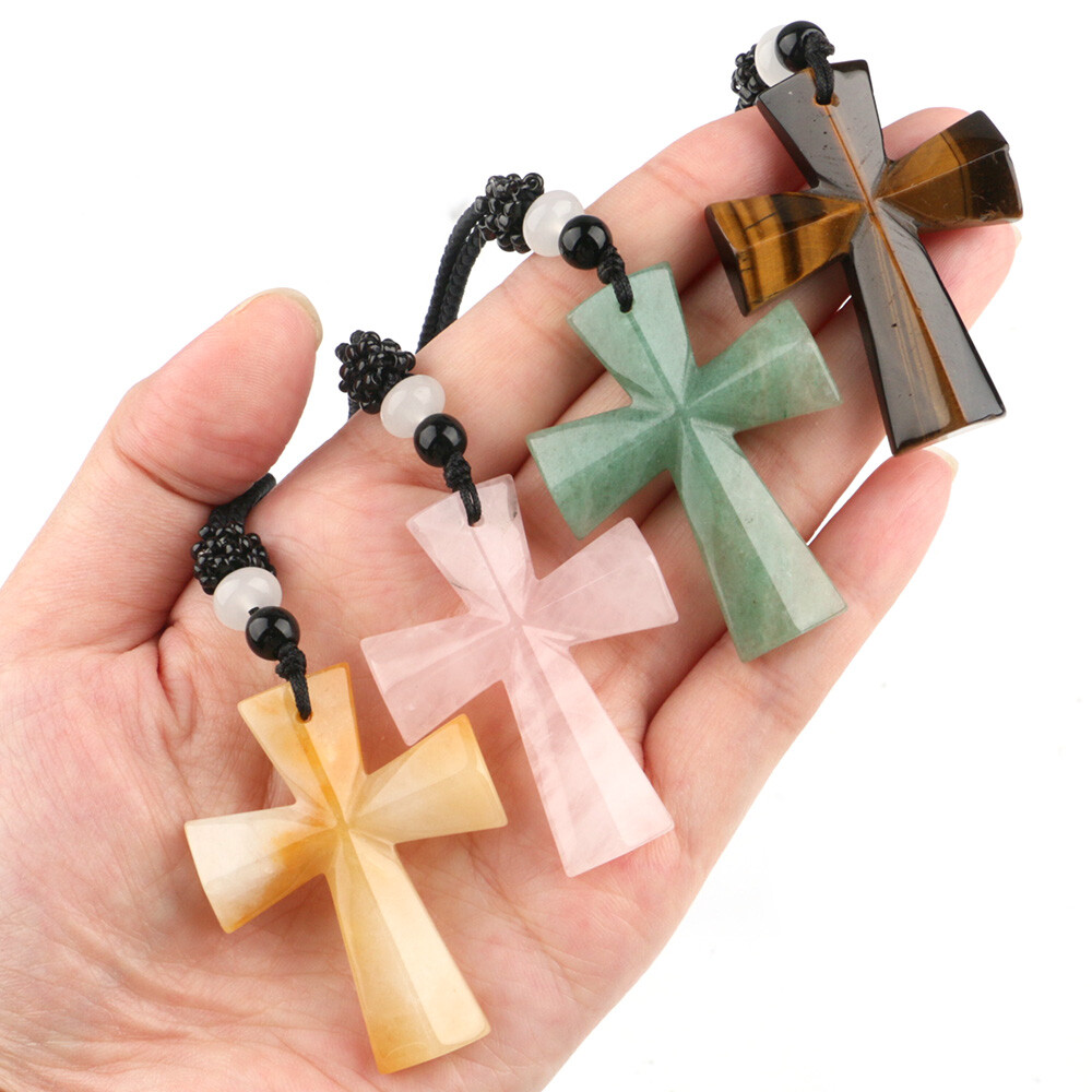 Cross Pendant Hand Carved Gemstone Necklace for Men & Women with Adjustable Rope
