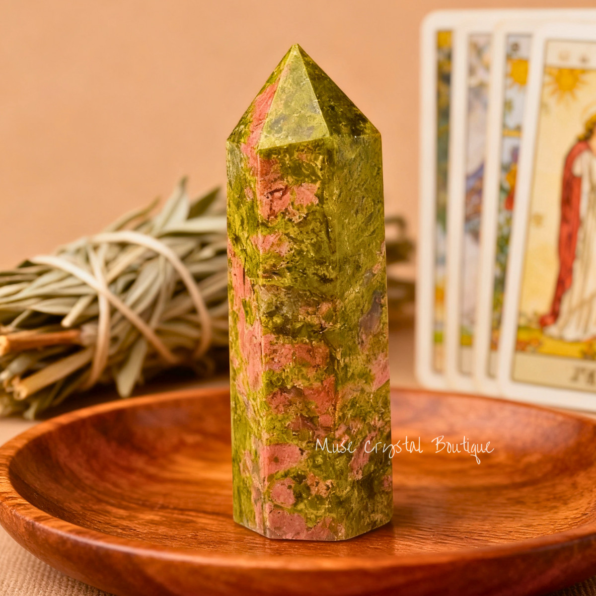 Natural Unakite Tower Point Green Gemstone Wand Healing Reiki Obelisk Home Decor