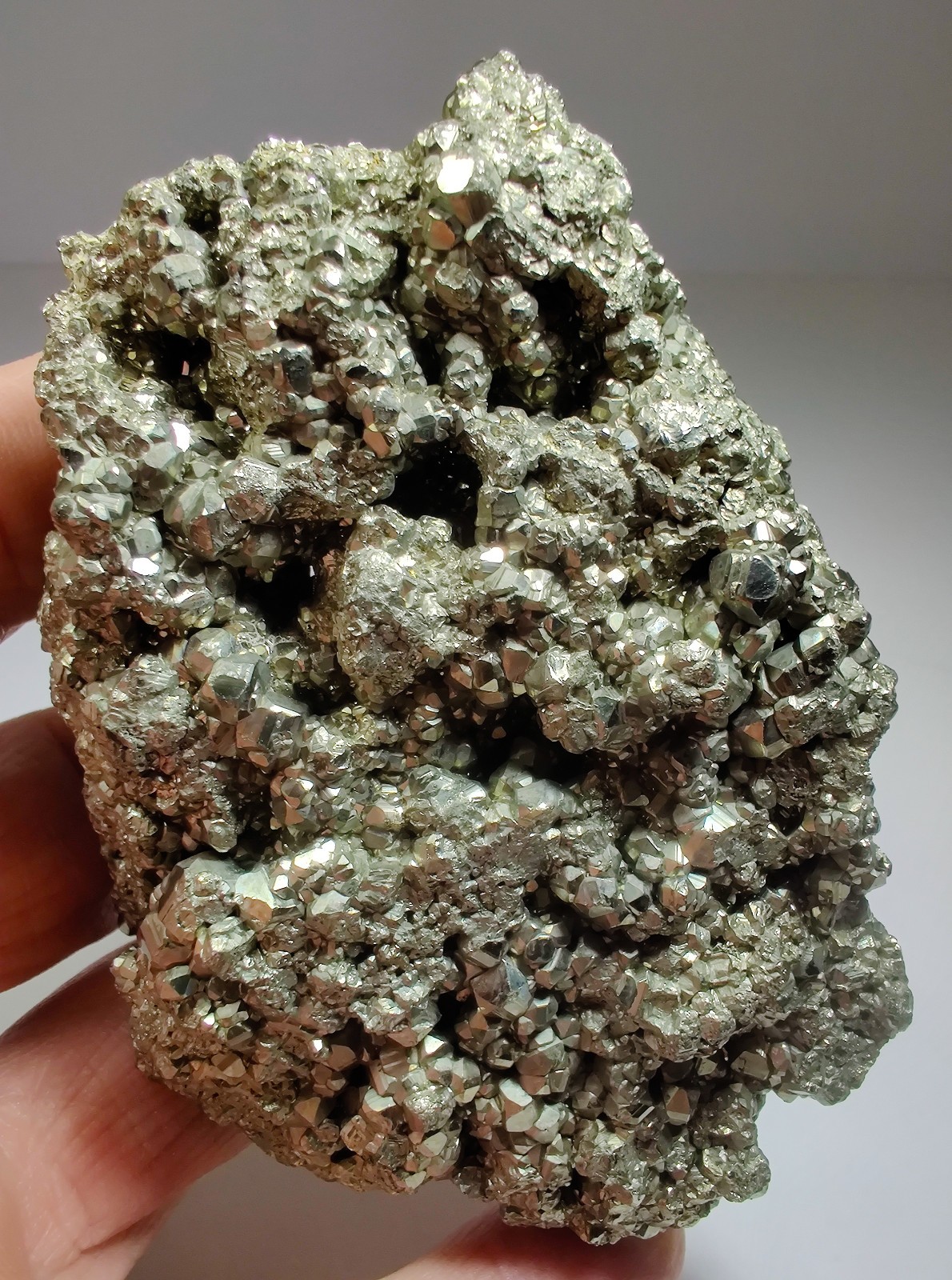 Pyrite crystals, nice display piece. Huanzala Mine, Peru. 585 grams.