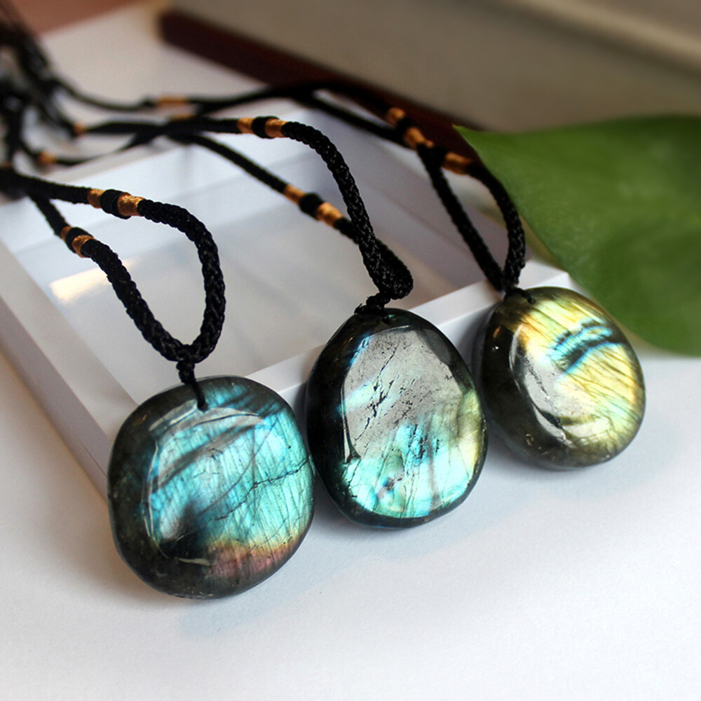 Women Mens Natural Stone Necklace Labradorite Pendant Crystal Moonstone US JJ