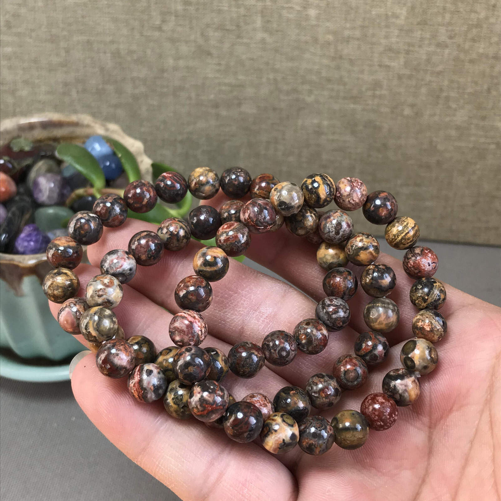 5Pcs Wholesal Natural Polish Leopard stone bracelets Crystal ball sphere 8mm