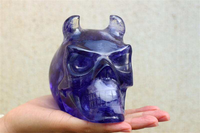 0.92kg Blue Smelting stone ox horn Skull Crystal Skull Carving Reiki Decor Gift